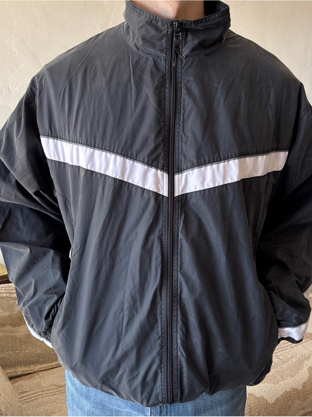 Men's Black Windbreaker Jacket with White Chevron Detail